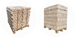 Pallets of round and rectangular wood briquettes