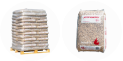 Bagged wood pellets and a pallet of pellet bags